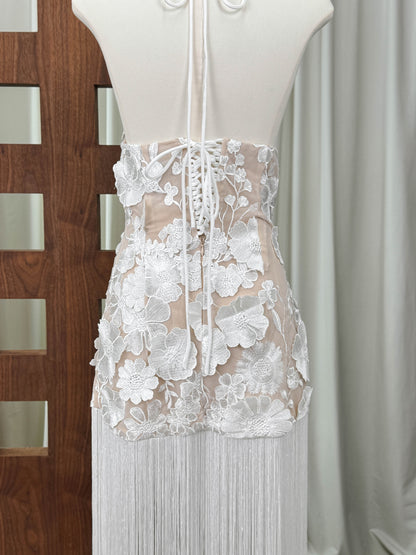 White Lace 3D Floral Appliques Bodycon Mini Dress with Floor-Length Fringe Overlay