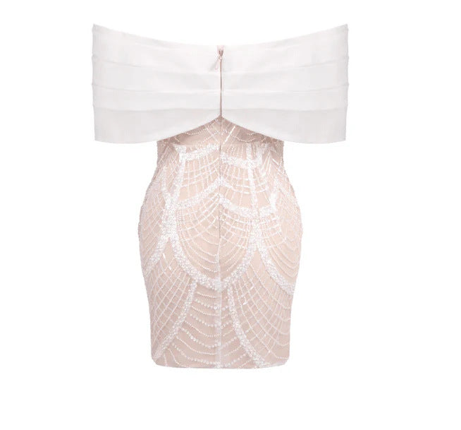 Off Shoulder Organza Pearl Beaded Mini Bodycon Dress