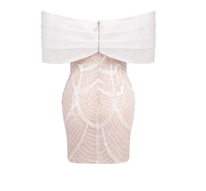 Off Shoulder Organza Pearl Beaded Mini Bodycon Dress
