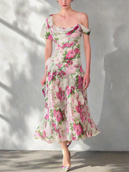 white off-the-shoulder floral printed midi dress