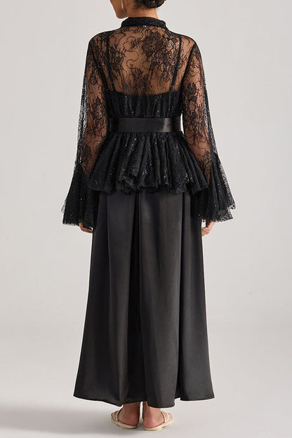 Tiffany black lace bell-sleeve ruffle embroidered top maxi skirt set