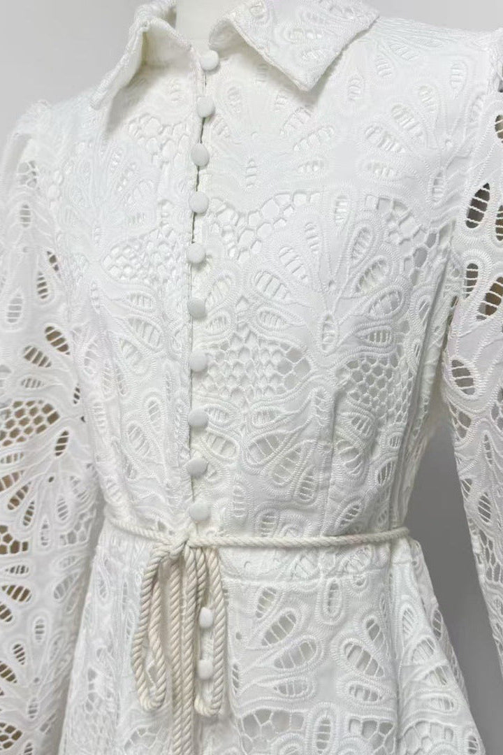 lapel hollow embroidery puff sleeve mini dress in white