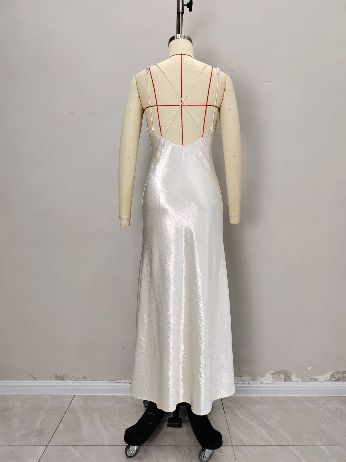 Cream Satin V-Neck Thin Strap Floor-Length Slip Maxi Dress