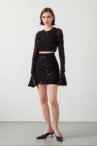 Black 3D Floral Mesh Long Sleeve Mini Dress with Back Cutout