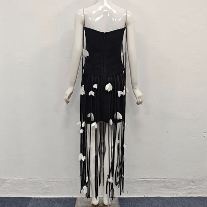 hilary black flower tassel strapless mini dress