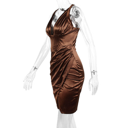 SATIN CORSET MINI DRESS IN CHOCOLATE