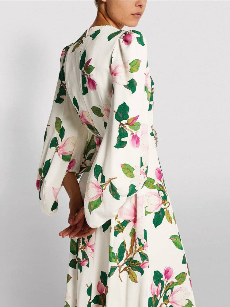 White Floral Print Satin Maxi Dress with Balloon Sleeves