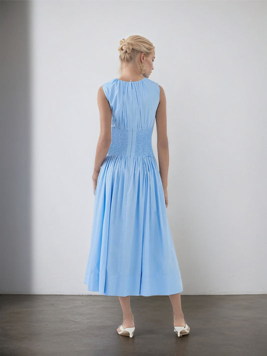 Light Blue Sleeveless Round Neck Twisted Waist Midi Dress Side Pocket Flowy Summer Dress