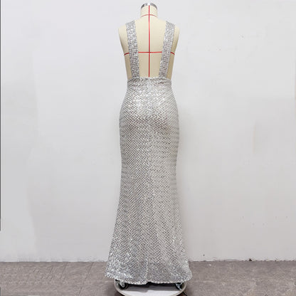rebecca bow sequin embellished v neck maxi dress in silver