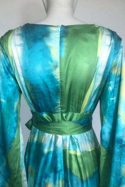 Green multicolor floral print puff sleeve maxi dress