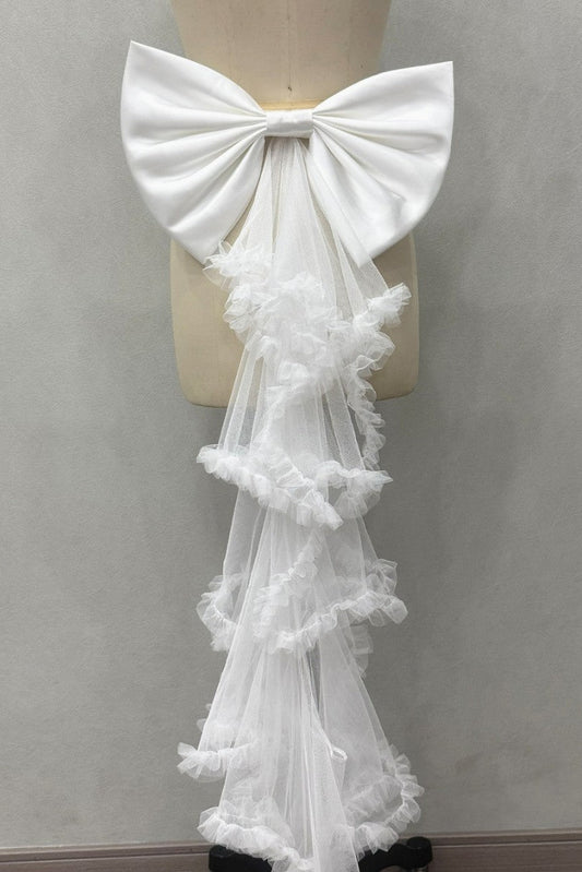 White Satin Giant Bow Tiered Ruffle Tulle Long Bridal Sash