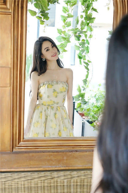 Lemon Yellow Strapless Long Cocktail Dress-Butter Cup