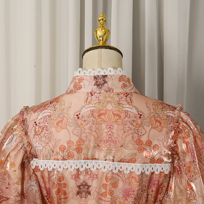 Peach Organza A-Line Tiered Maxi Dress with Botanical Floral Print