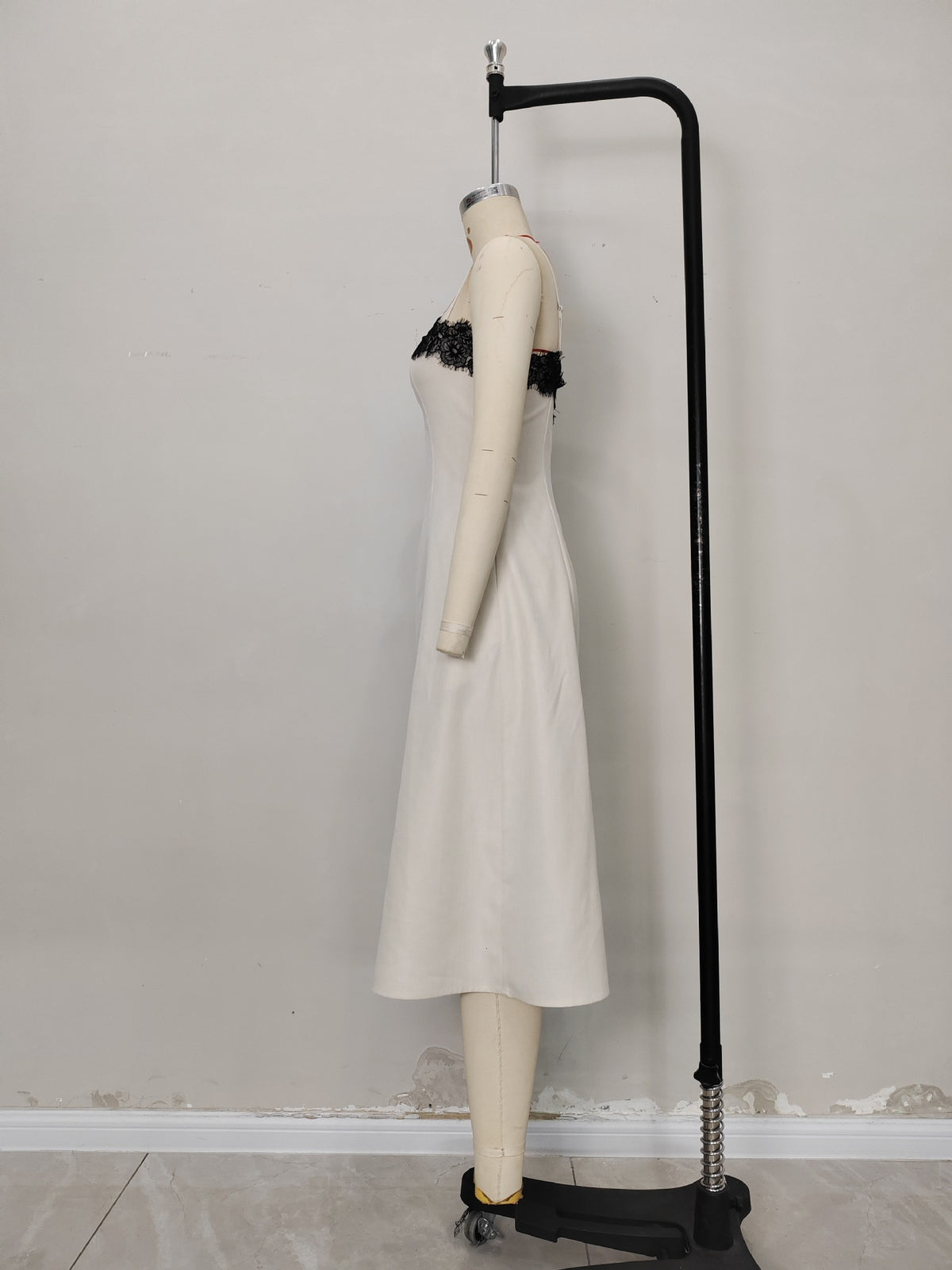 Off White Thin Strap Black Lace Trim Midi Dress Slim Fit Flowy Linen Blend Slip Dress