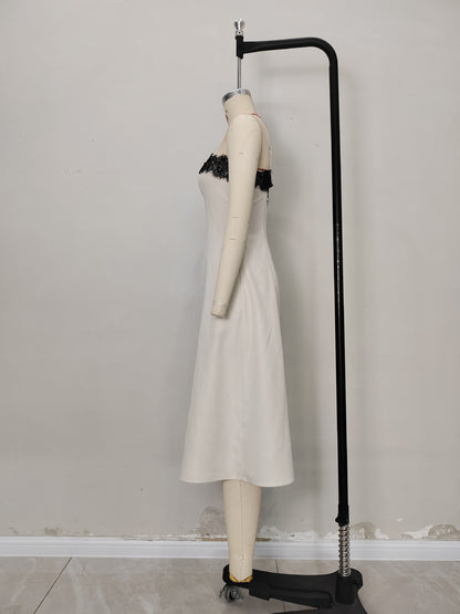 Off White Thin Strap Black Lace Trim Midi Dress Slim Fit Flowy Linen Blend Slip Dress