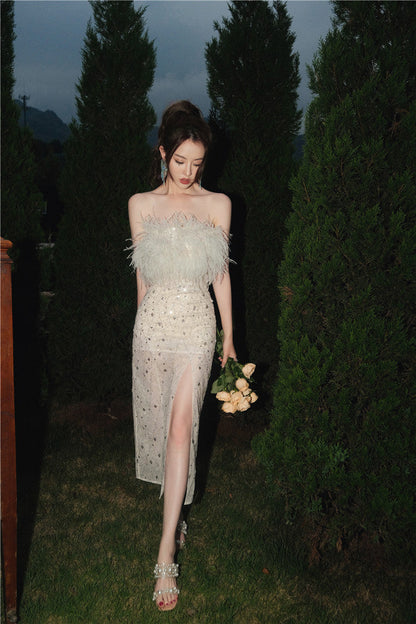 Masa White Haute Couture Feather Sequin Dress