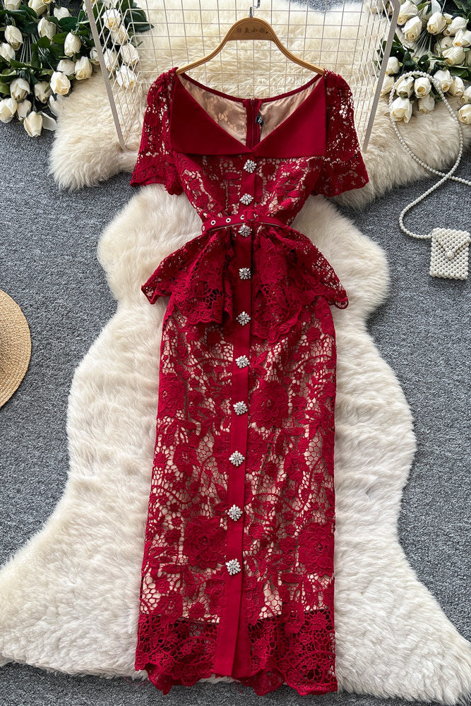 Dark Red Corded Floral Lace Sheath with Peplum Dress