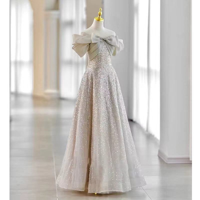 silver sequined tulle a-line gown