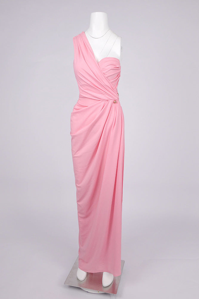 bess One-shoulder slant neck pleated maxi dress in pink