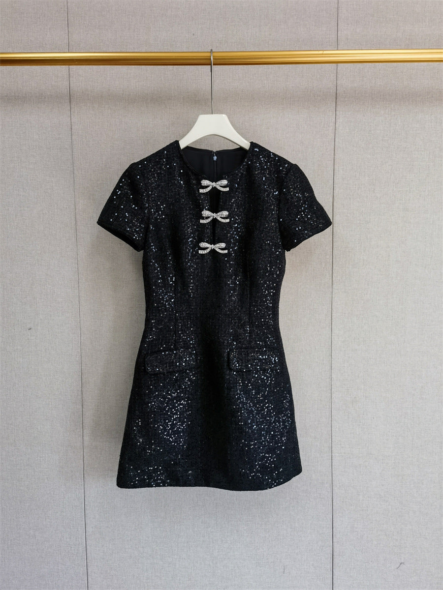 janice Black Sequin Tweed Bow Mini Dress