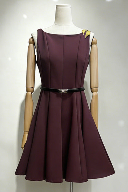 Deep Plum Structured Crepe Fit-and-Flare Mini Dress