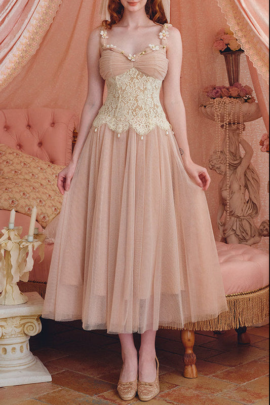 heloise lace mesh flower detail maxi dress in cream pink