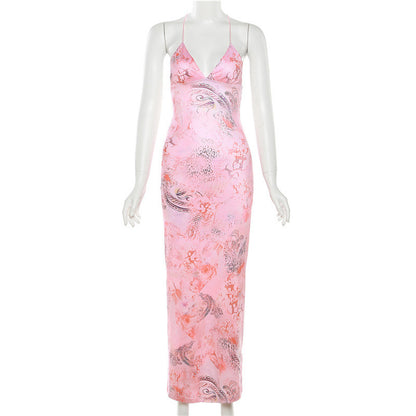 Printed Strappy Butterfly Backless Plunge Sheath Slip Maxi Dress