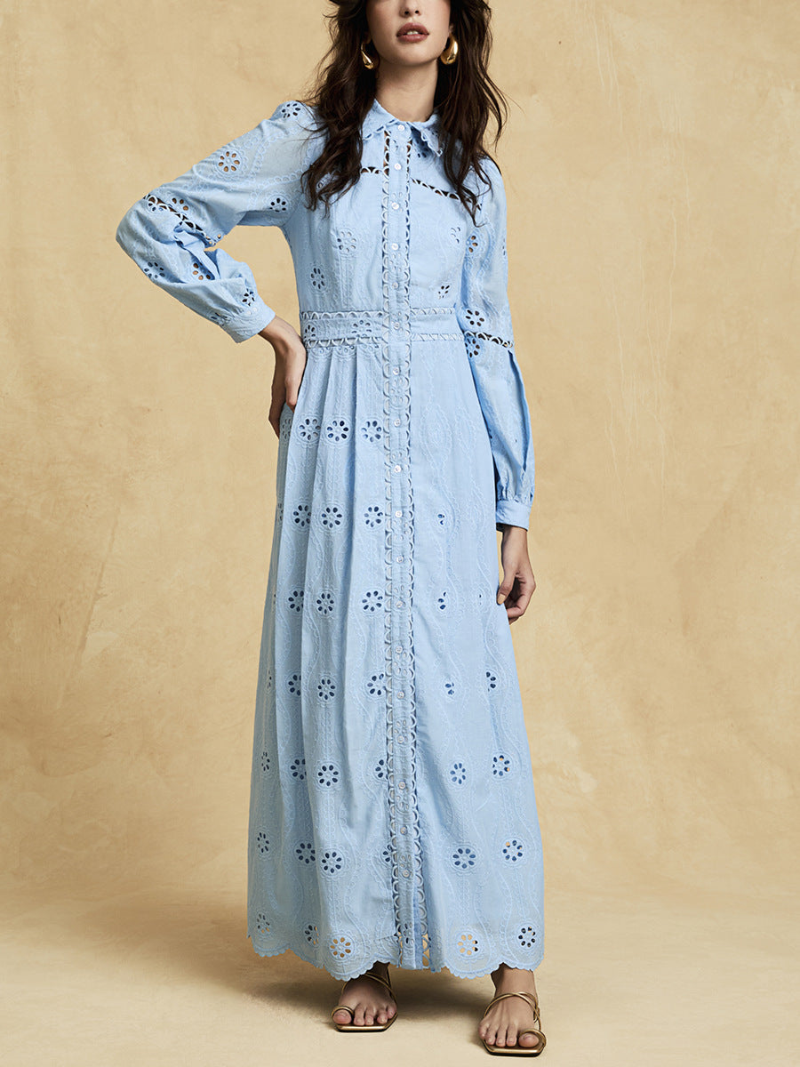 retro single-breasted hollow lace midi dress in blue