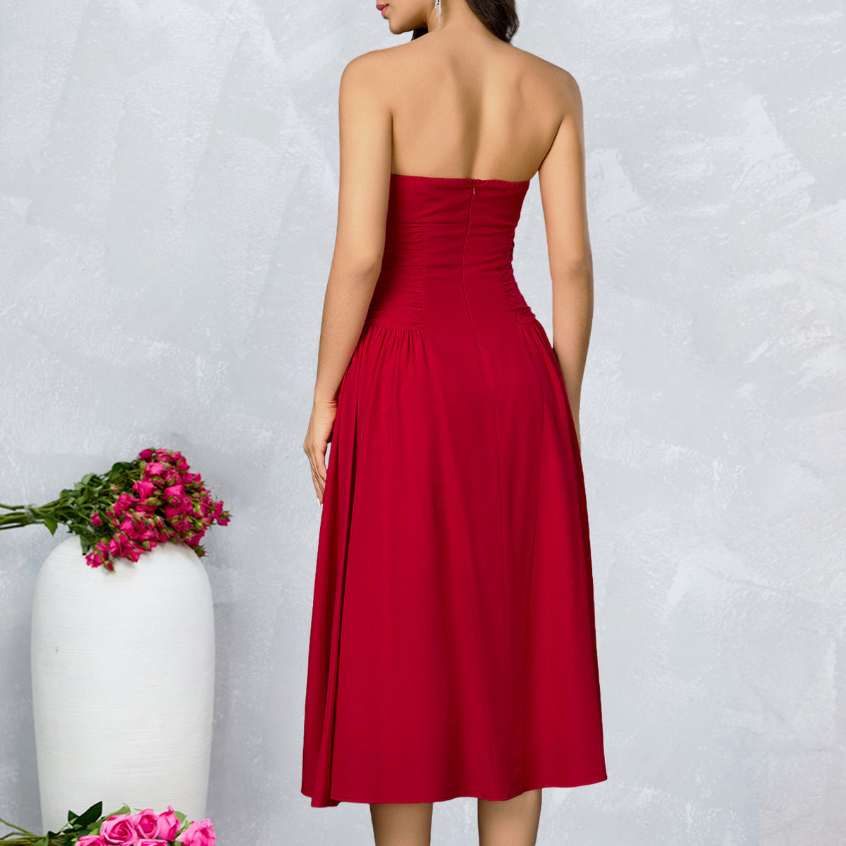 Strapless Side Ruched Flared Midi Dress