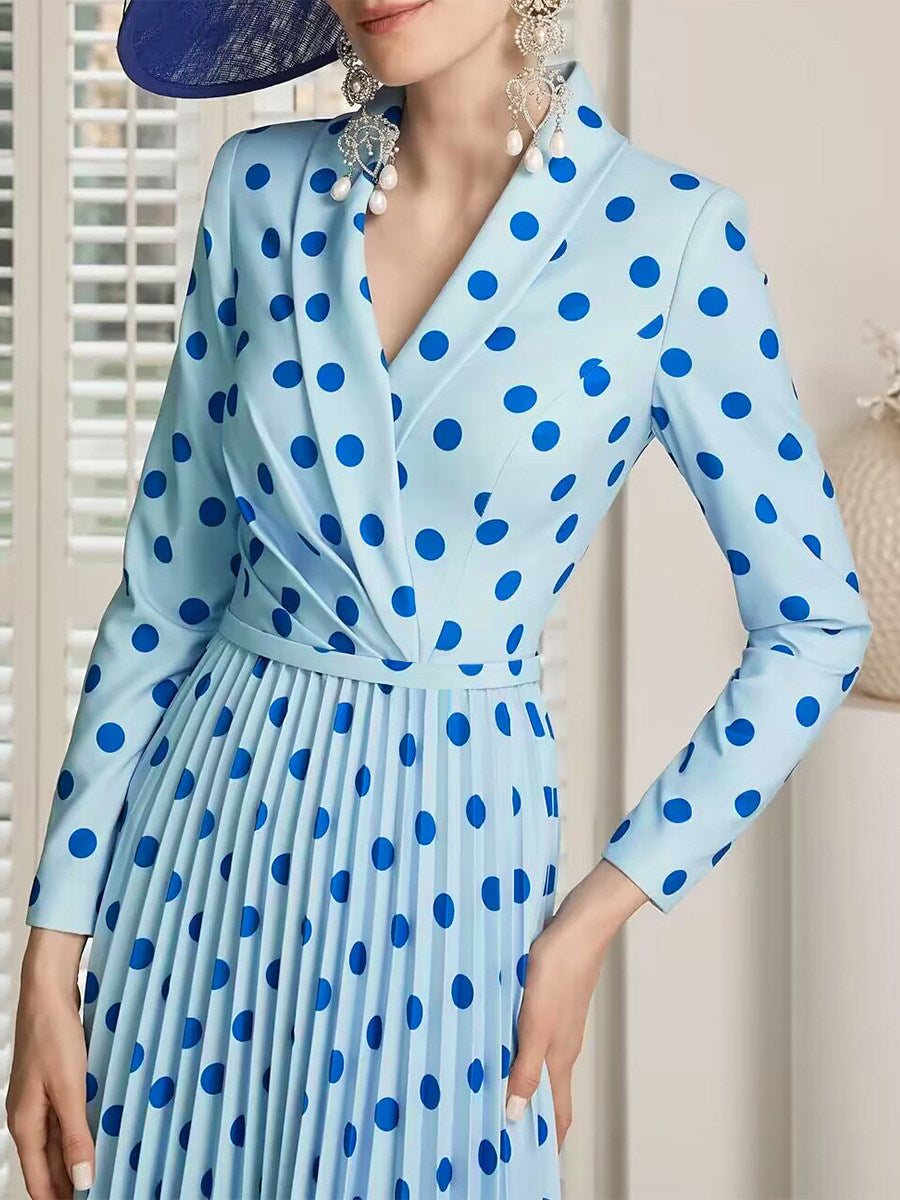 blue polka dot v-neck long sleeve pleated dress