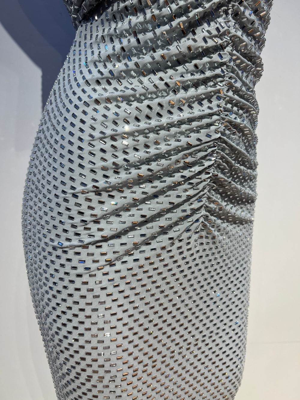 silver metallic knit column evening gown