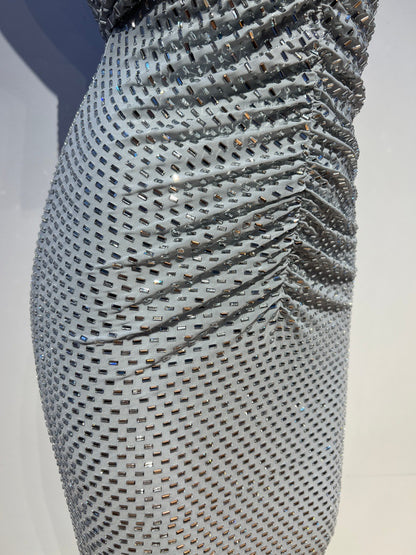 silver metallic knit column evening gown