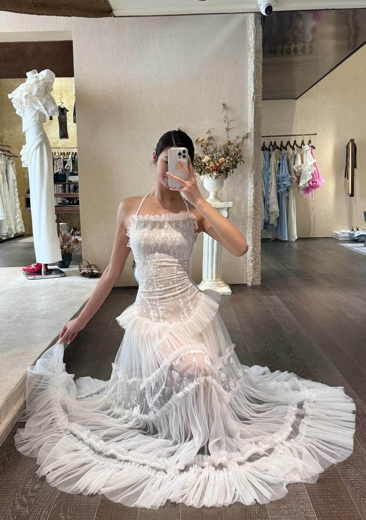 hermosa Lace splicing layer maxi dress in white