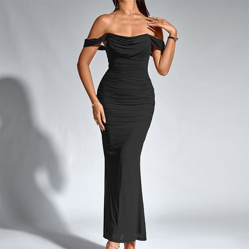 Off Shoulder Draped Cowl Ruched Mesh Mermaid Maxi Dress