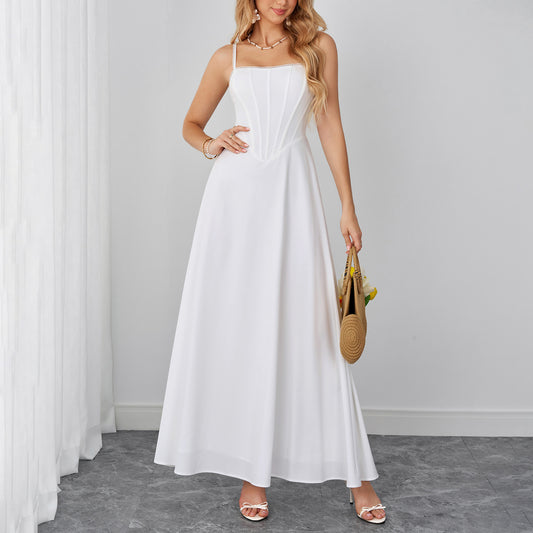 Lace Trim Corset Spaghetti Strap Flowy Maxi Dress