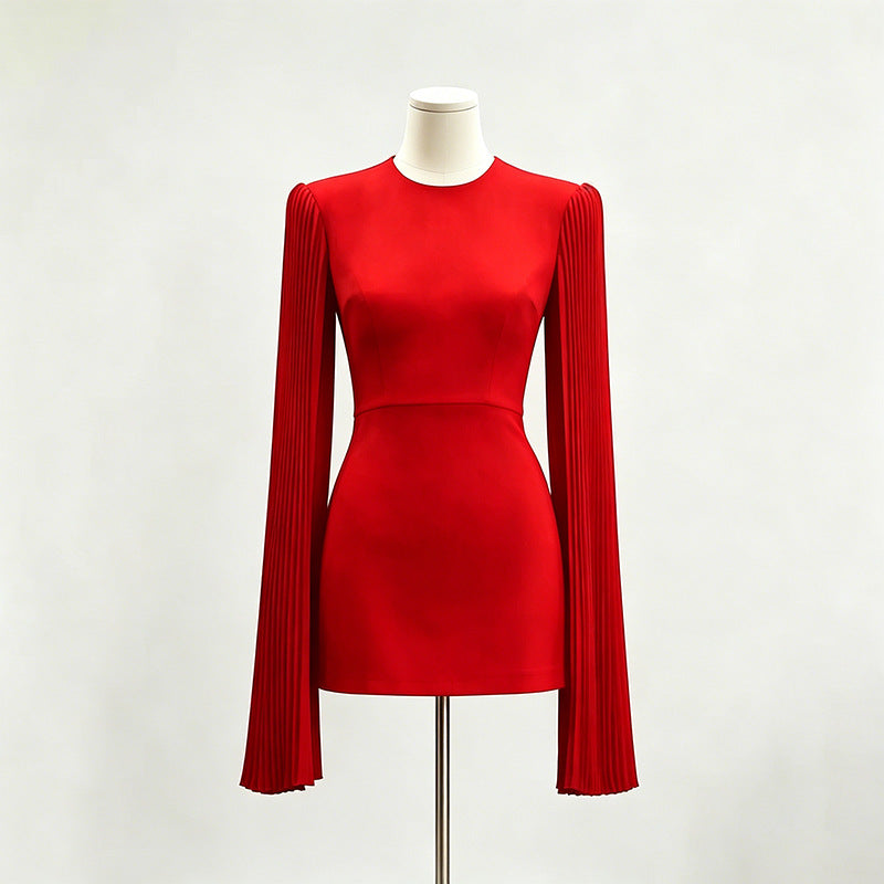 Red Crepe Sheath Dress with Pleated Cape Sleeves