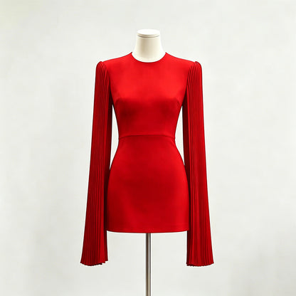 Red Crepe Sheath Dress with Pleated Cape Sleeves