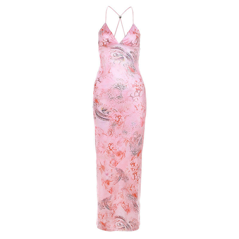 Printed Strappy Butterfly Backless Plunge Sheath Slip Maxi Dress