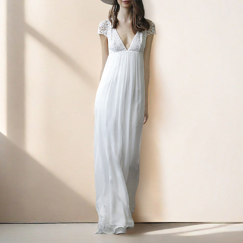 White V-neck openwork lace maxi dress