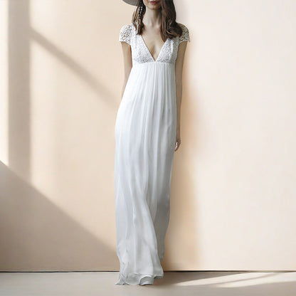 White V-neck openwork lace maxi dress