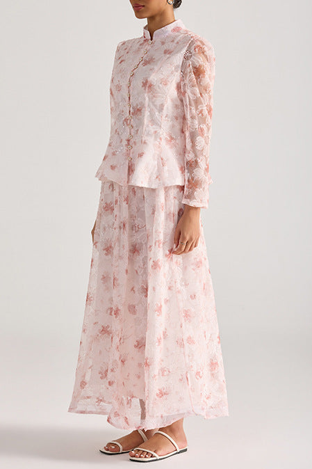 rebecca pink Floral embroidered long-sleeve top skirt set