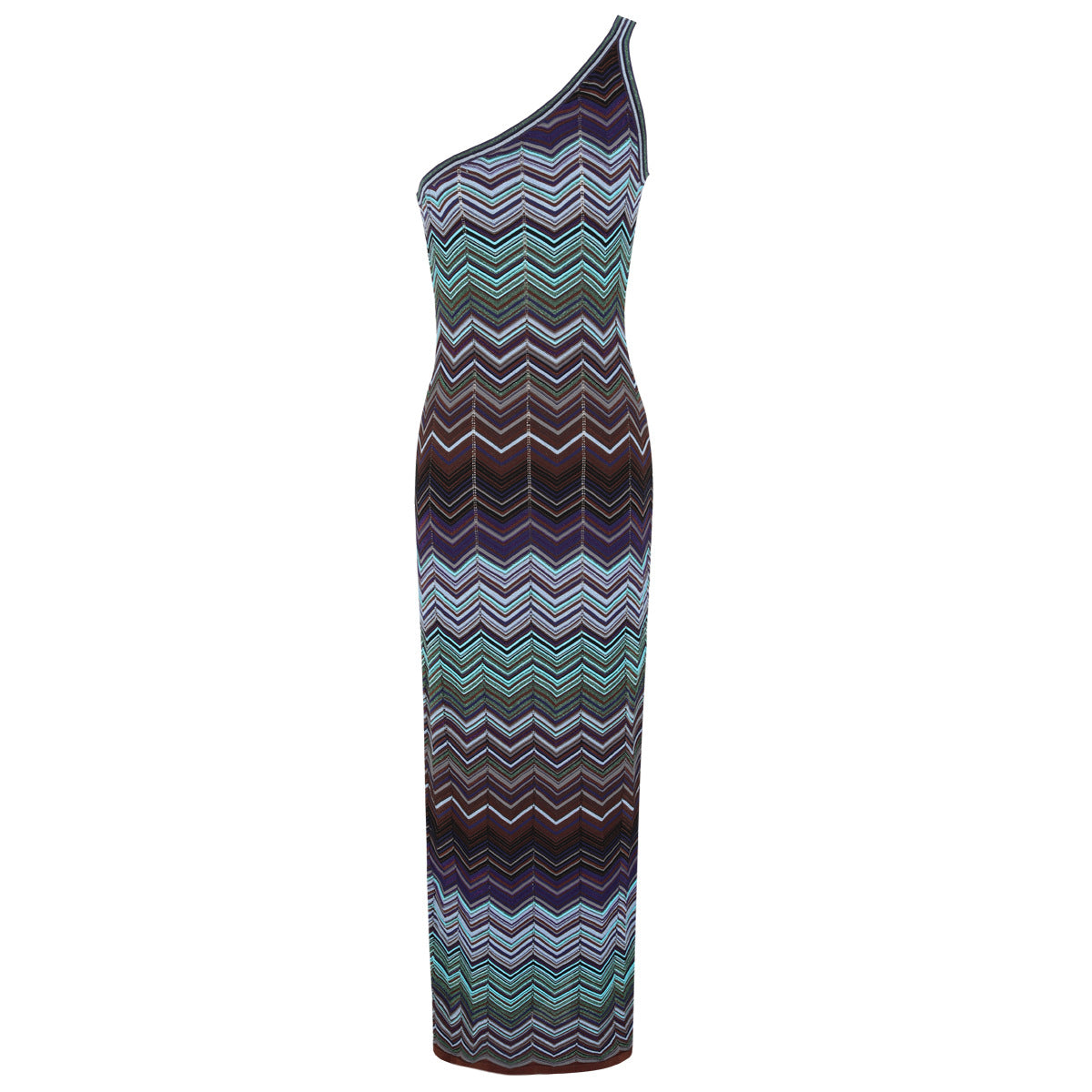 One-Shoulder Chevron Maxi Dress in Teal, Purple & Brown