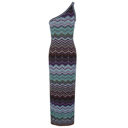 One-Shoulder Chevron Maxi Dress in Teal, Purple & Brown