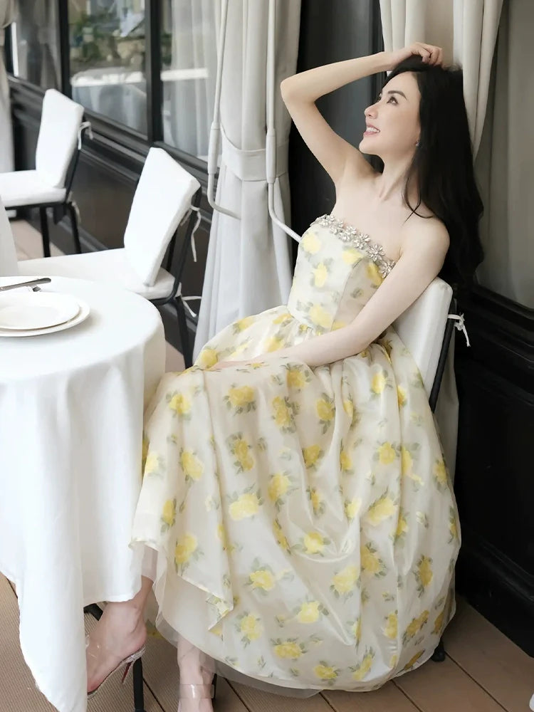 Lemon Yellow Strapless Long Cocktail Dress-Butter Cup
