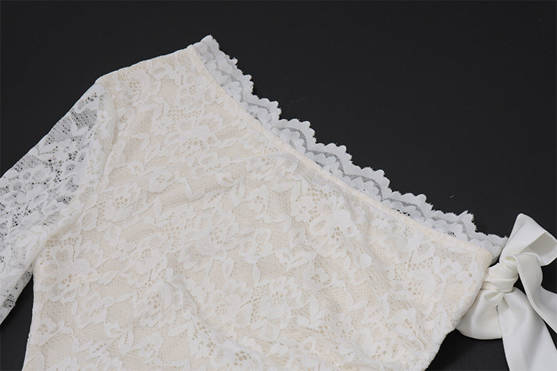 White Floral Lace One-Shoulder Column Gown