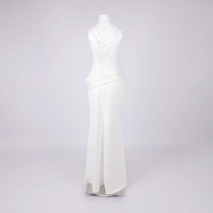 priscilla Strapless Veiled Corset Maxi Dress in white