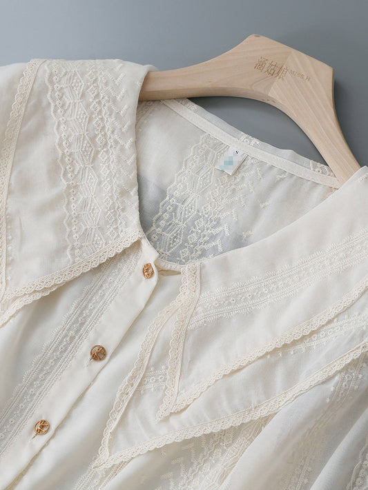 Double Layer Lace Lapel Ruffle Cuff Embroidery Long Sleeve Blouse