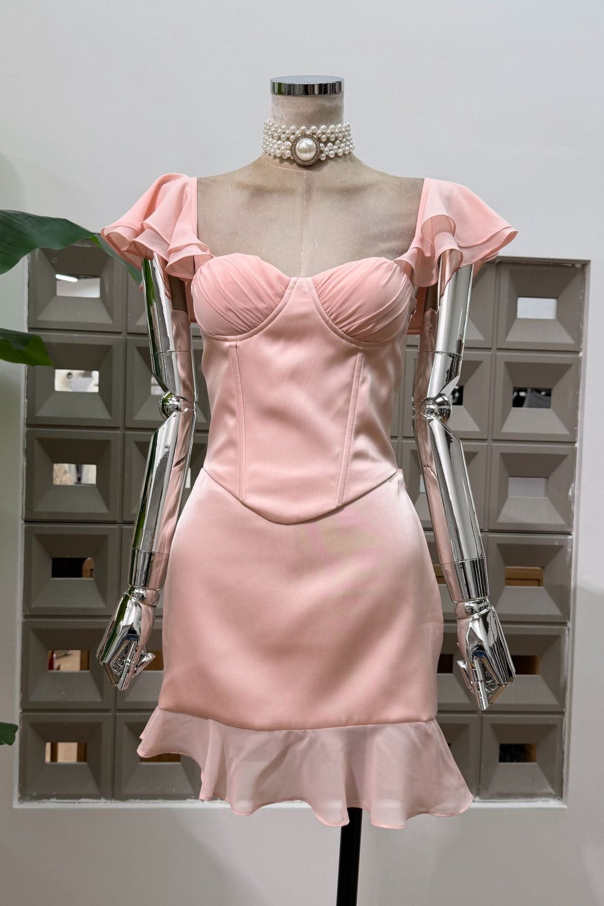 Pale Pink Satin Off‑Shoulder Two Piece Corset Mini Skirt Set