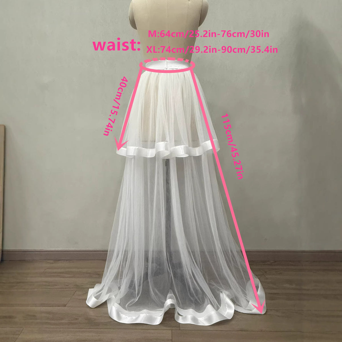 White Satin Trim Two-Layer High Low Tulle Overlay Skirt