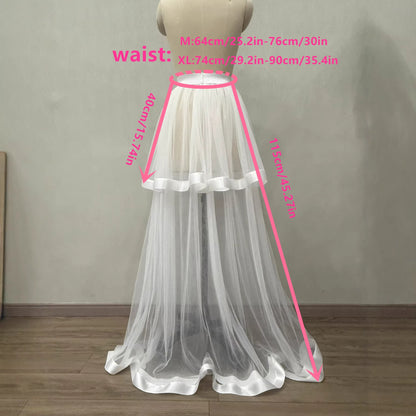 White Satin Trim Two-Layer High Low Tulle Overlay Skirt